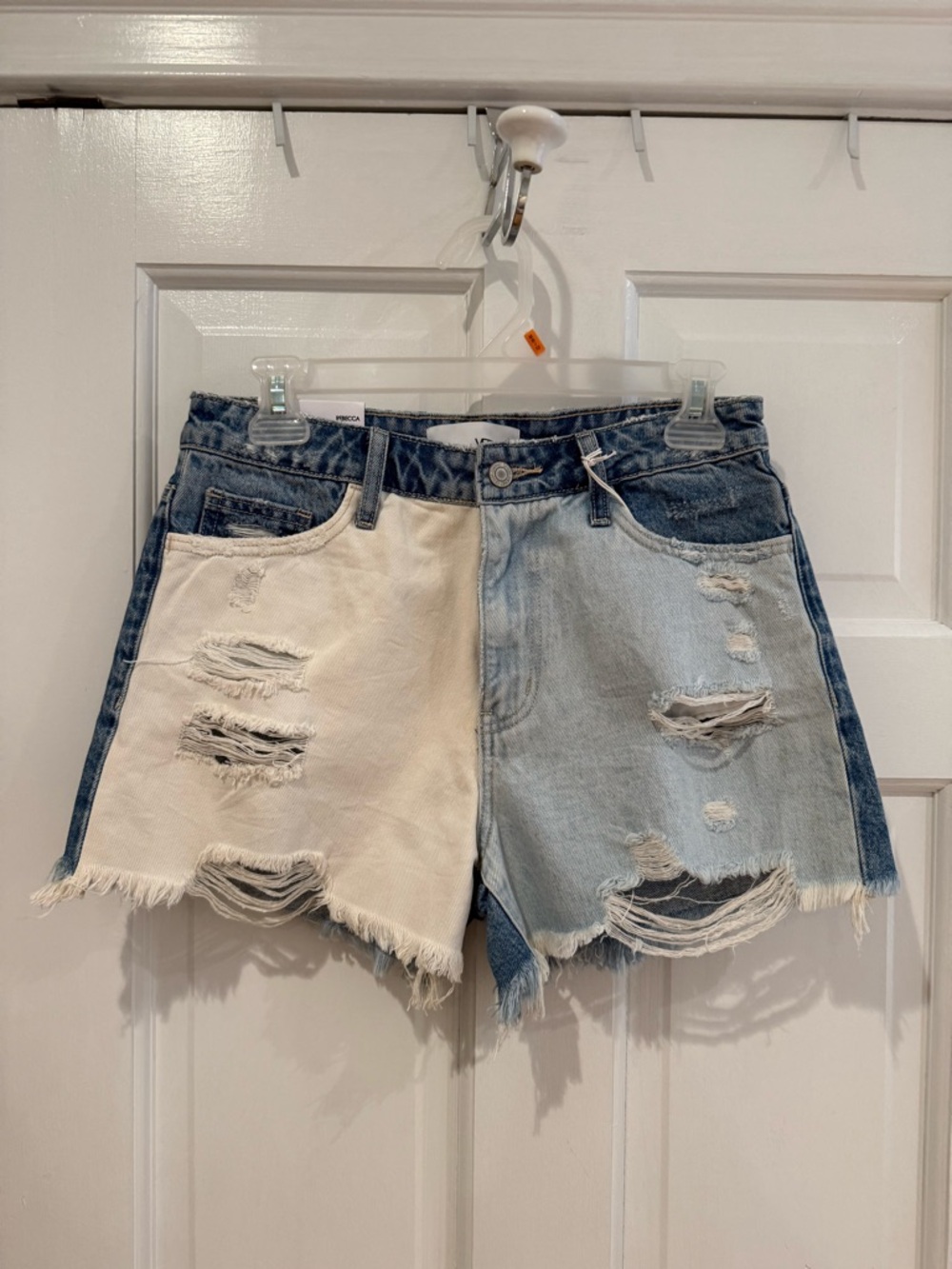 High-Waist Two-Tone Distressed Denim Shorts - Light Blue & Cream